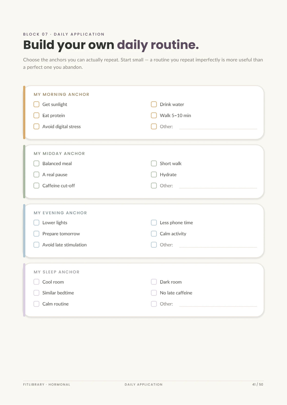 Hormonal Practical Pack daily-routine builder with morning, midday, evening and sleep anchors.