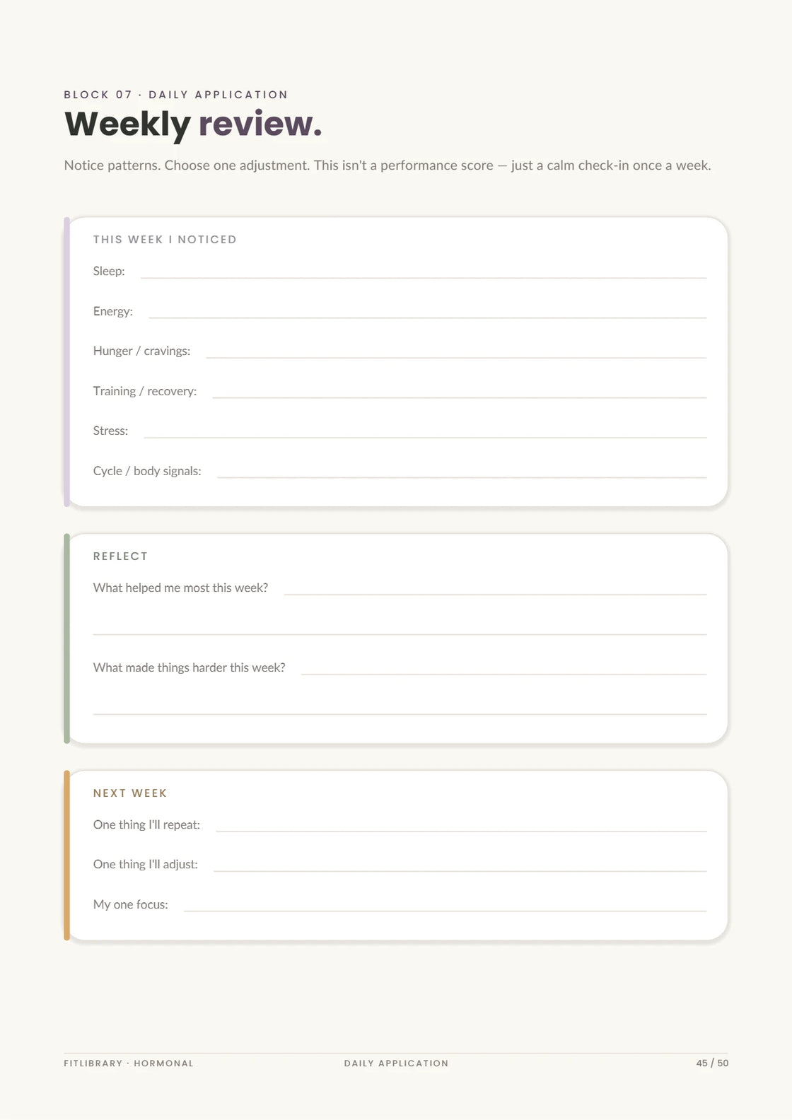 Hormonal Practical Pack weekly review for sleep, energy, hunger, training, stress, body signals and one adjustment.