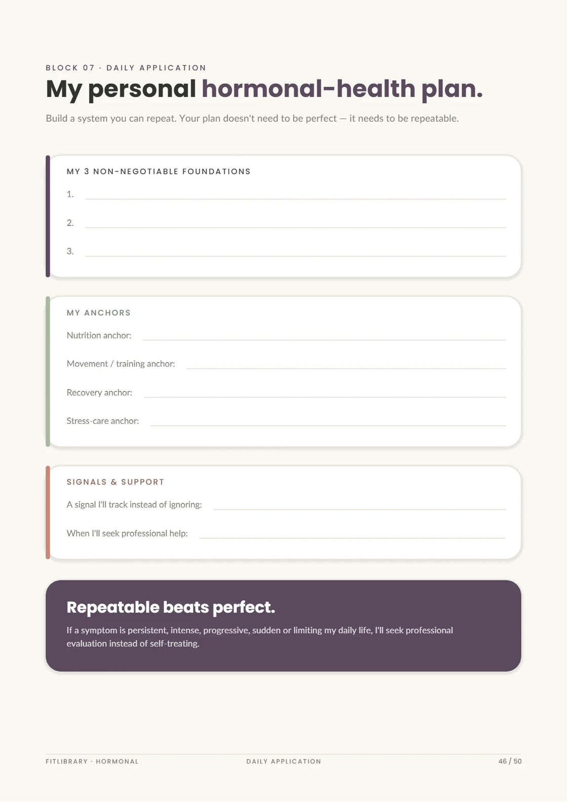Hormonal Practical Pack personal support plan with foundations, daily anchors, a signal to track and professional-support boundaries.