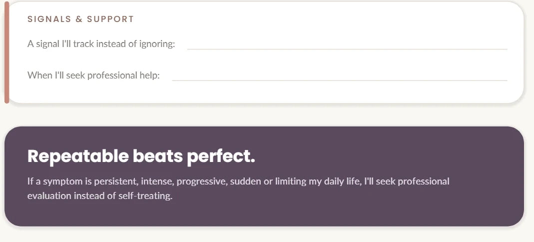 Personal plan detail: a signal I will track instead of ignoring, when I will seek professional help, and the note that a persistent, intense, progressive, sudden or limiting symptom means seeking evaluation instead of self-treating.