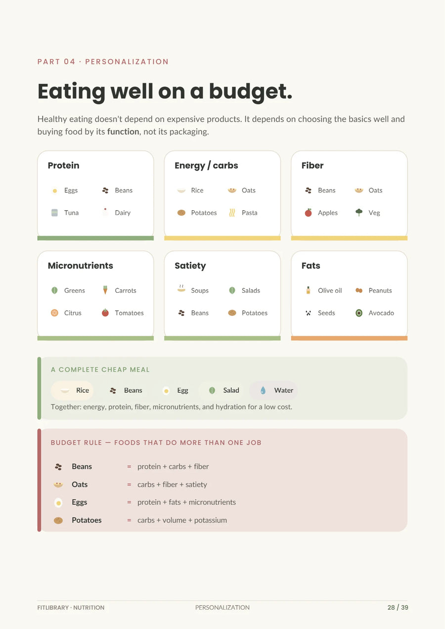 Nutrition eBook page on eating well on a budget, grouping affordable foods by what they do.