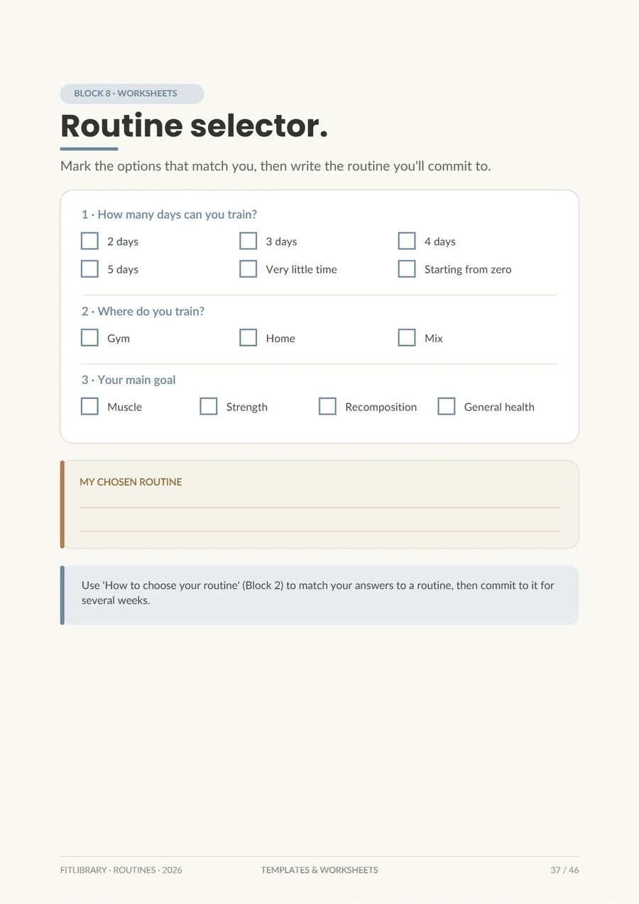Printable routine selector worksheet for choosing a routine by training days, location and goal.
