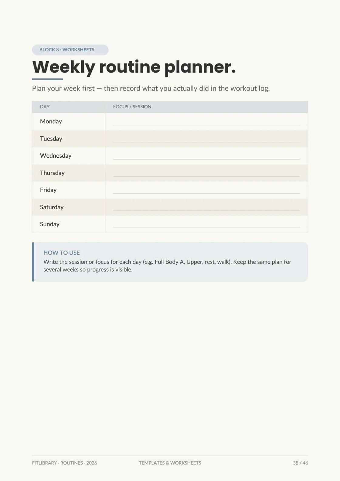 Routines Practical Pack weekly routine planner with Monday-through-Sunday session fields.