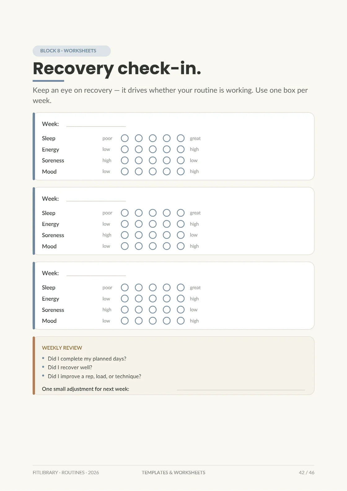Routines Practical Pack recovery check-in for sleep, energy, soreness, mood and weekly review.