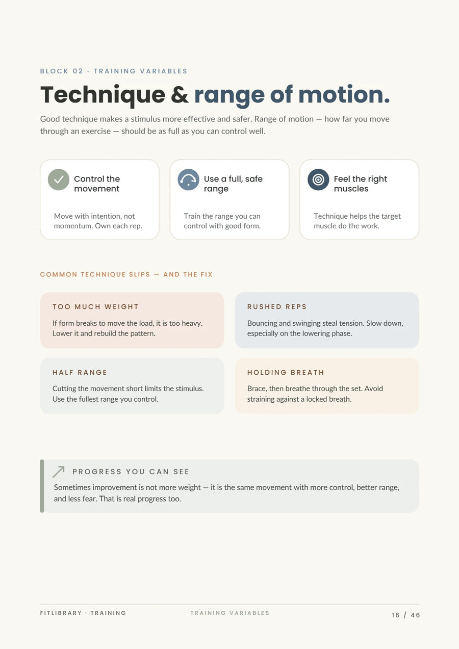 Training eBook page on technique quality before adding load.