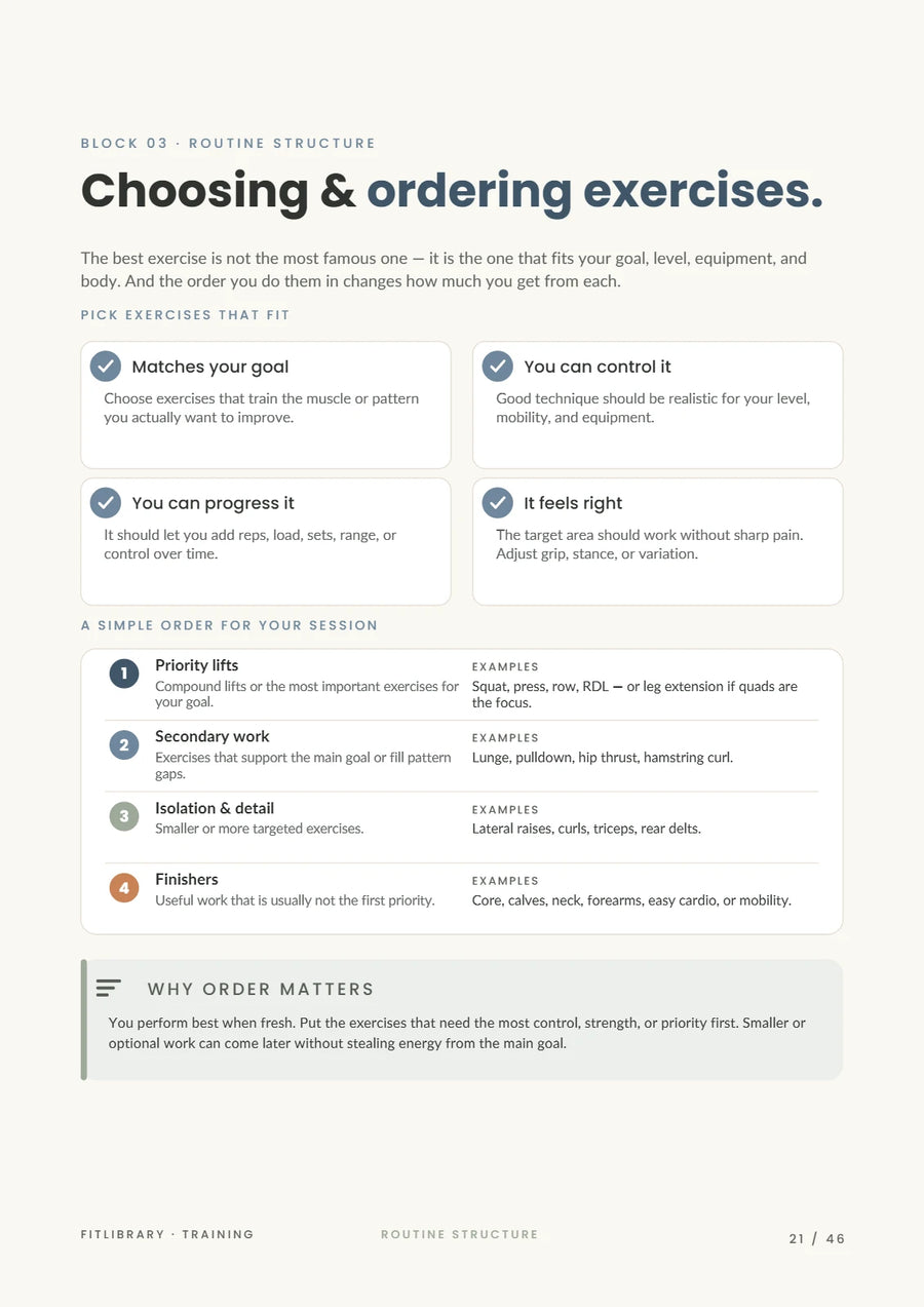 Training eBook page on exercise selection and ordering.