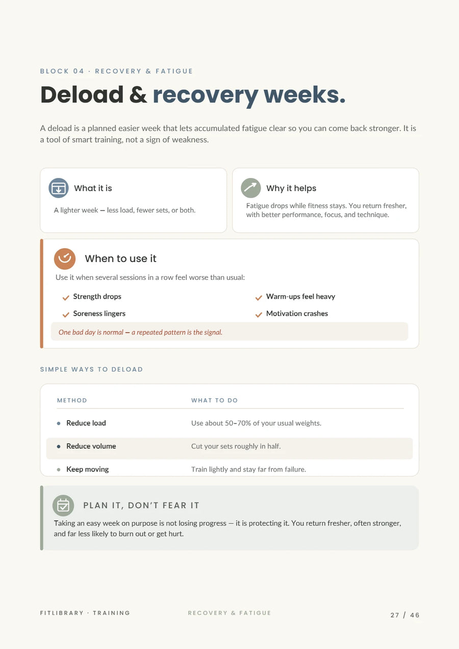 Training eBook page on recognizing fatigue and adjusting.