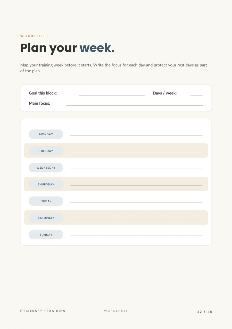 Printable worksheet for planning training days, session focus and rest across the week.