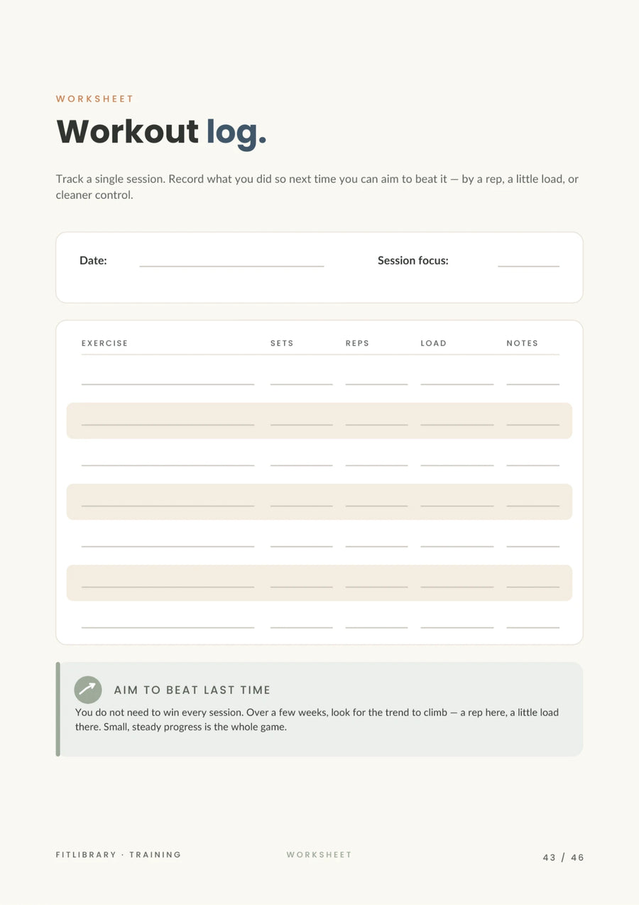 Printable workout log for recording exercises, sets, reps, load and notes.